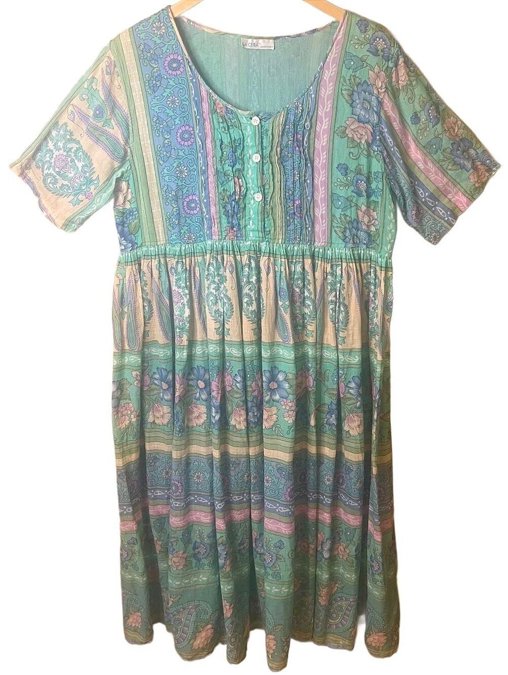 Vintage La Cera Floral Boho Midi Dress Cottagecore Gauze Cotton Style Large